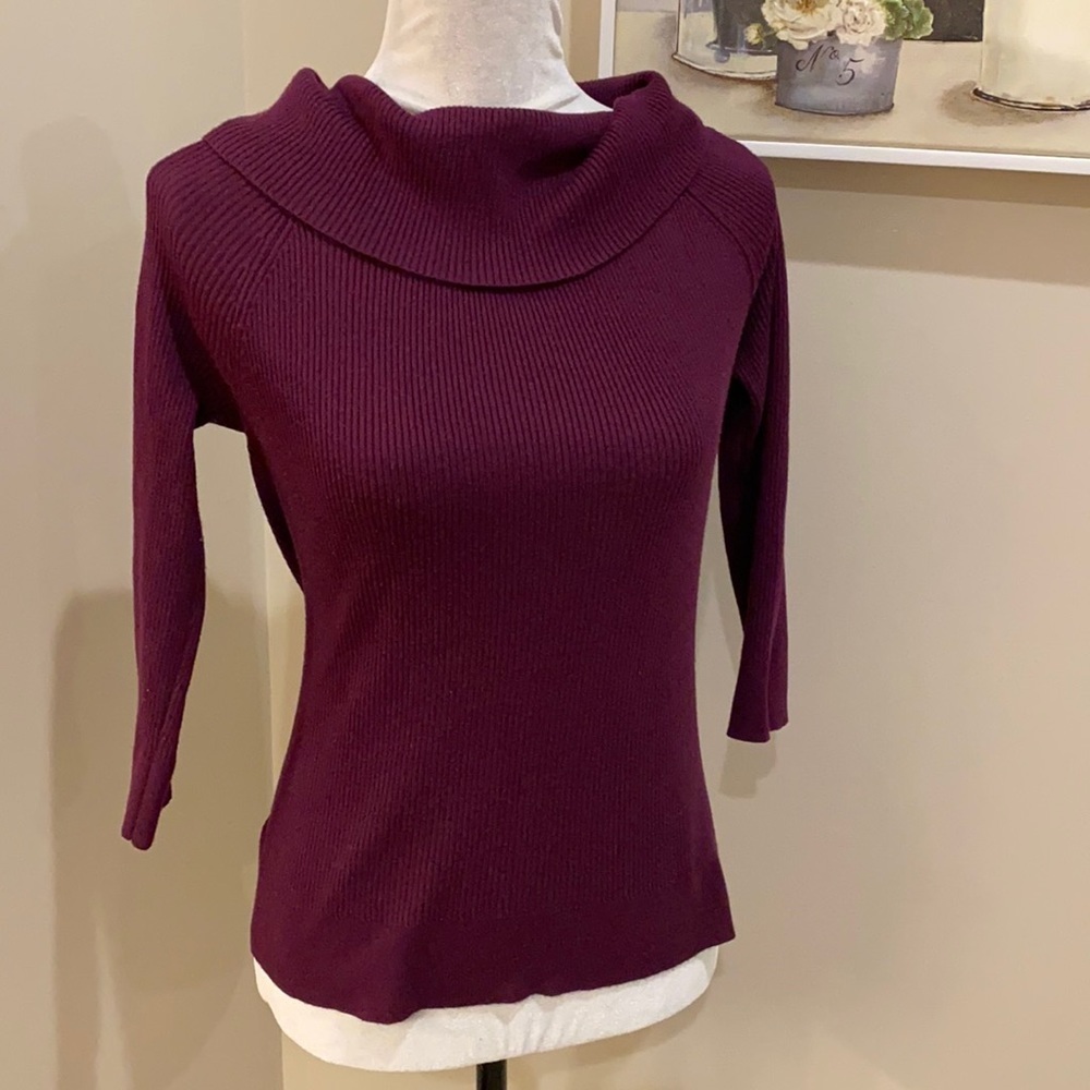Cable and gauge cowl neck sweater wine